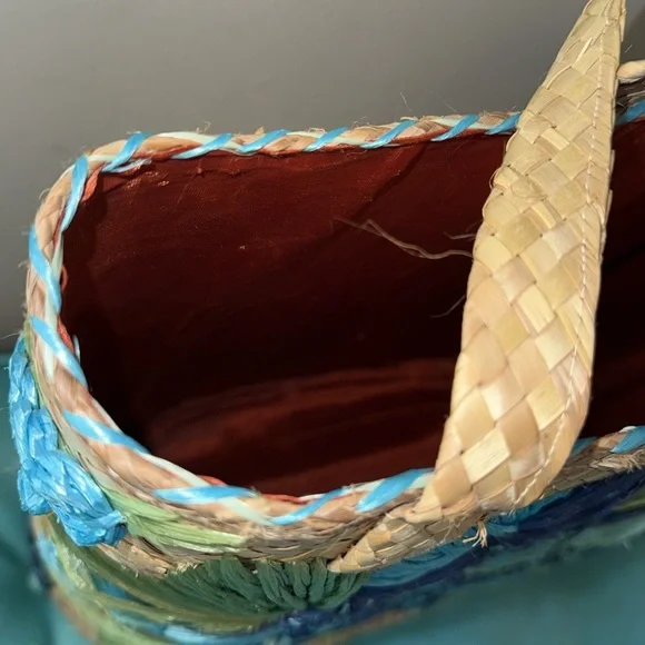 Vintage oversized large gorgeous turquoise blue flower raffia basket beachy bag - Picture 13 of 14